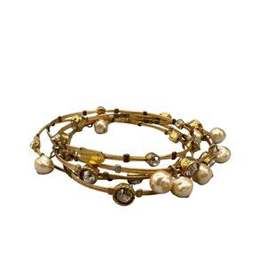 Seasonal Whispers Faux Pearl Beaded Clear Crystals Bangle Bracelet